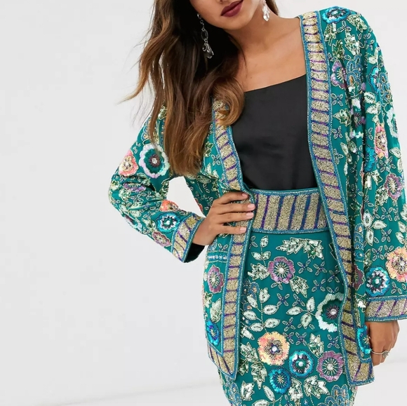 ASOS Teal Floral Beaded Jacket - Picture 3 of 7